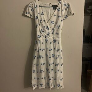 DKNY white and blue floral midi V-neck dress